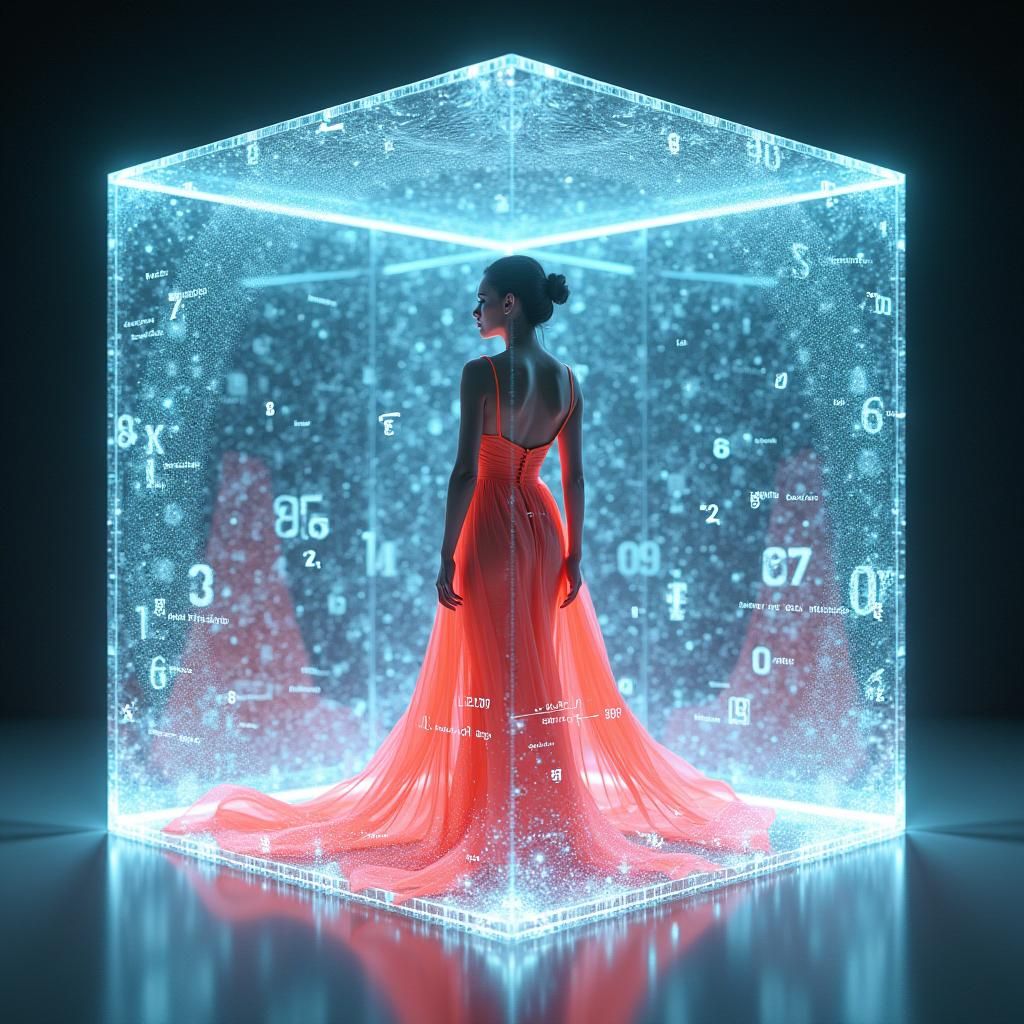 Woman in Cube with Swirling Numerical Code, Futuristic Style
