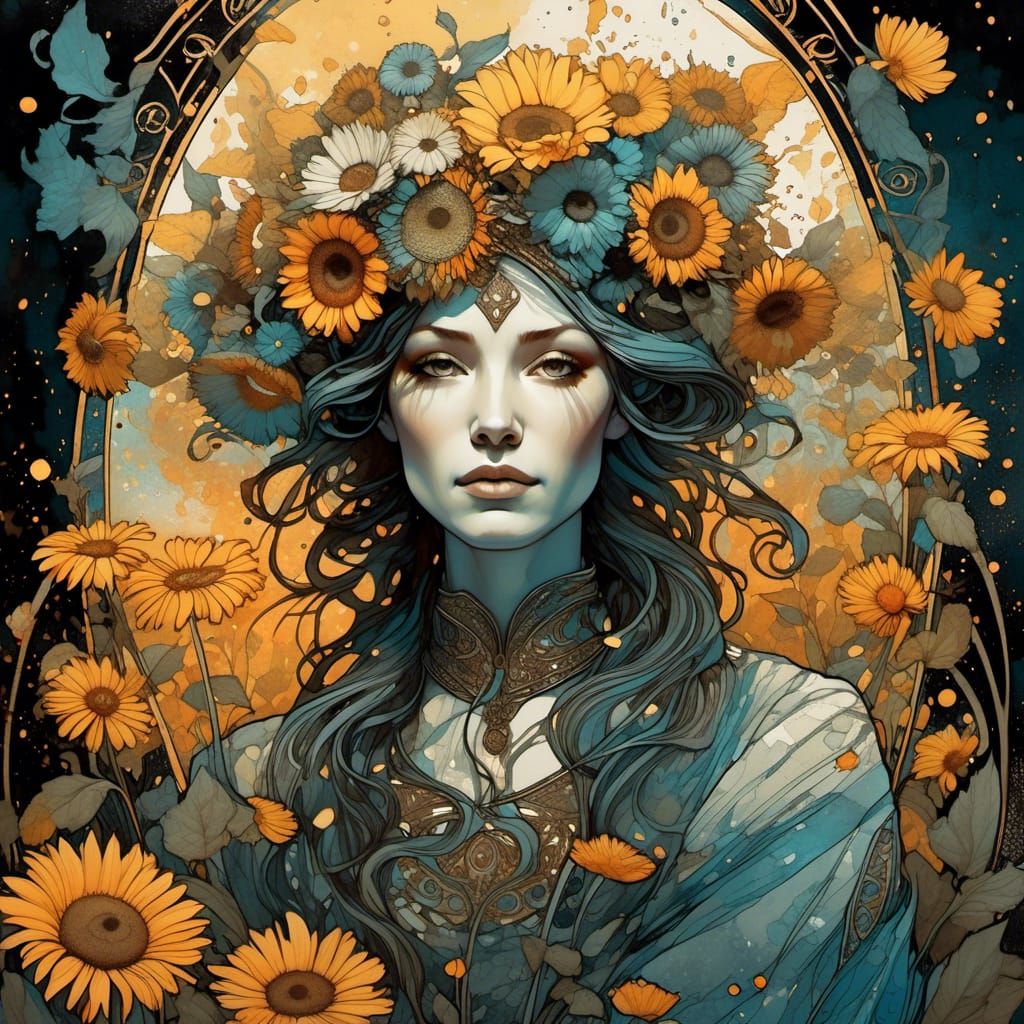 Psychedelic Tarot Goddess of Sunflowers and Starlight