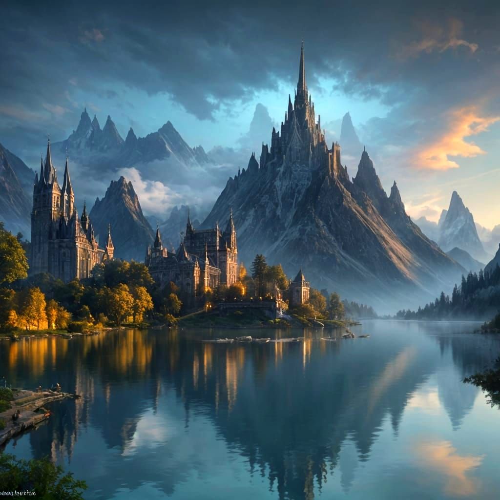 Majestic Elven City Reflected in Mirror Lake