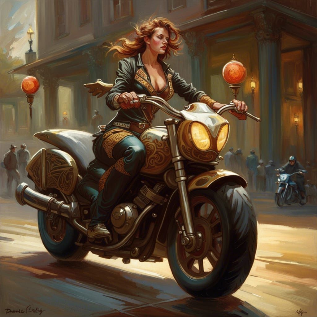 Cow on Motorcycle as Oil Painting