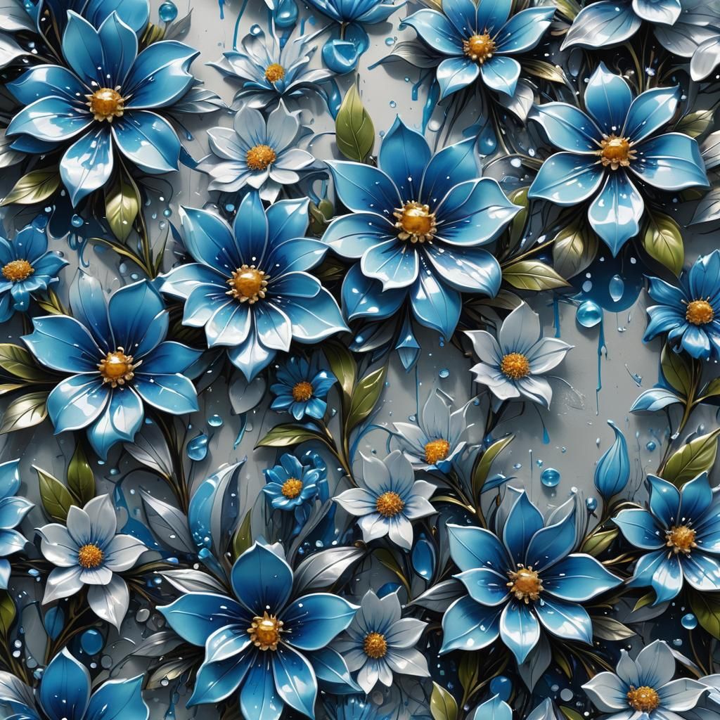 Icy Blue Flowers in Graffiti Splash Art Style