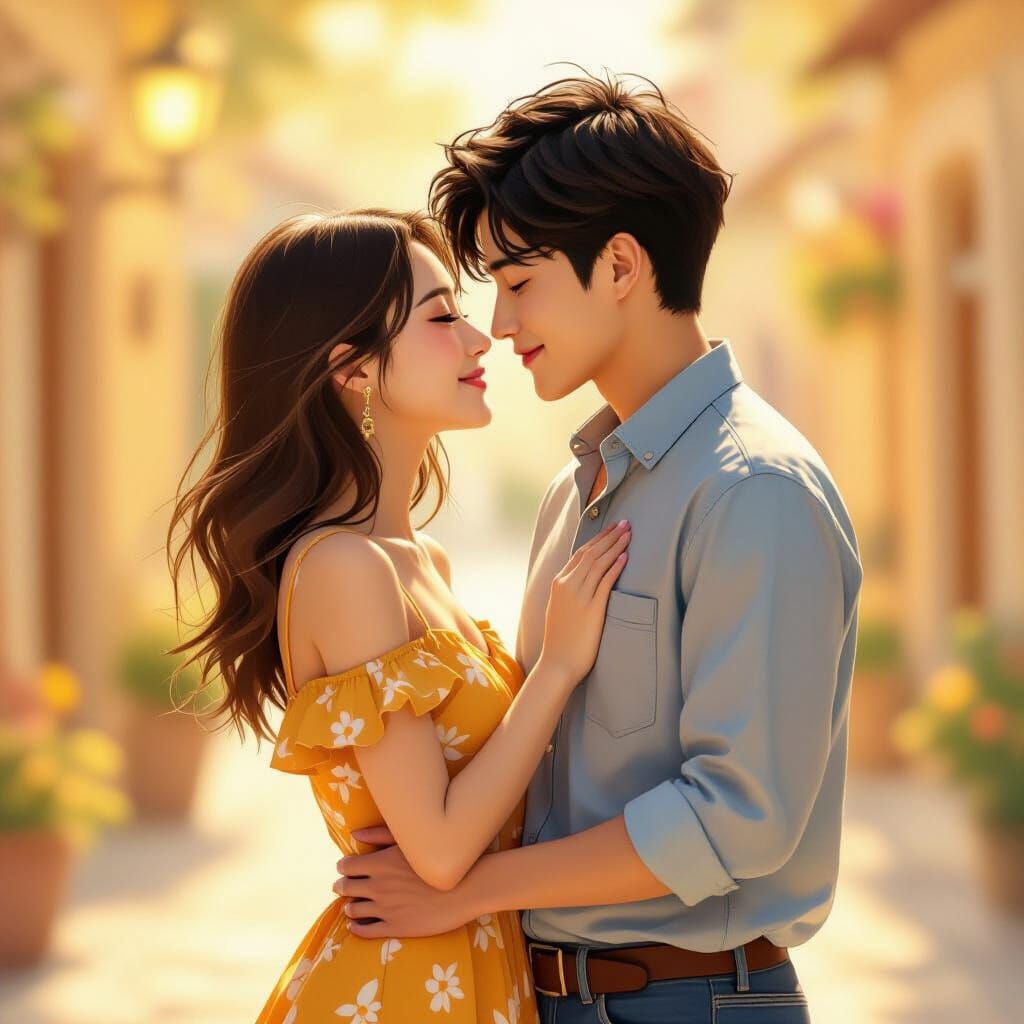 Romantic Couple Kissing in Golden Light, Anime Style