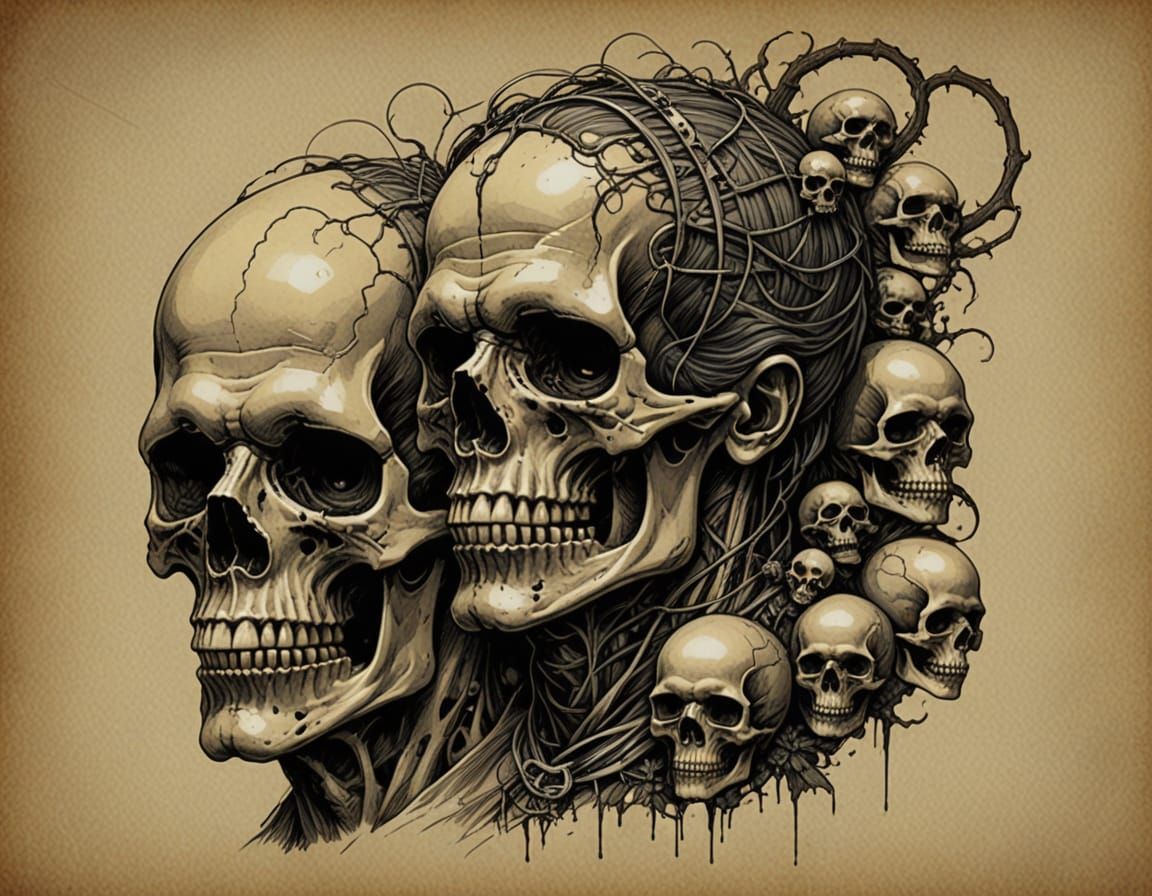 Dark Academia Skull Collage in Pen and Ink Style