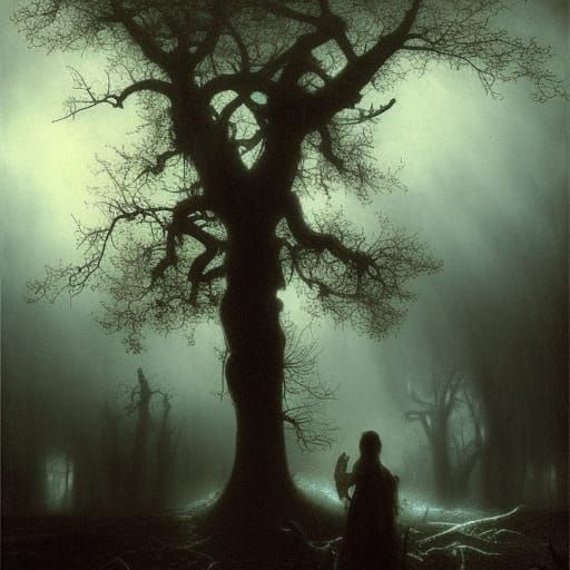 Haunted Oak Tree in Dark Fantasy Style