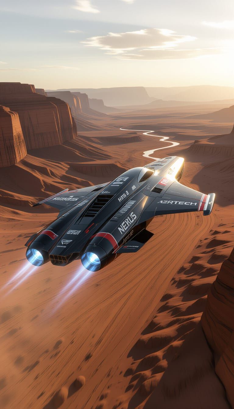 Futuristic Starship Races Through Sunset Canyon