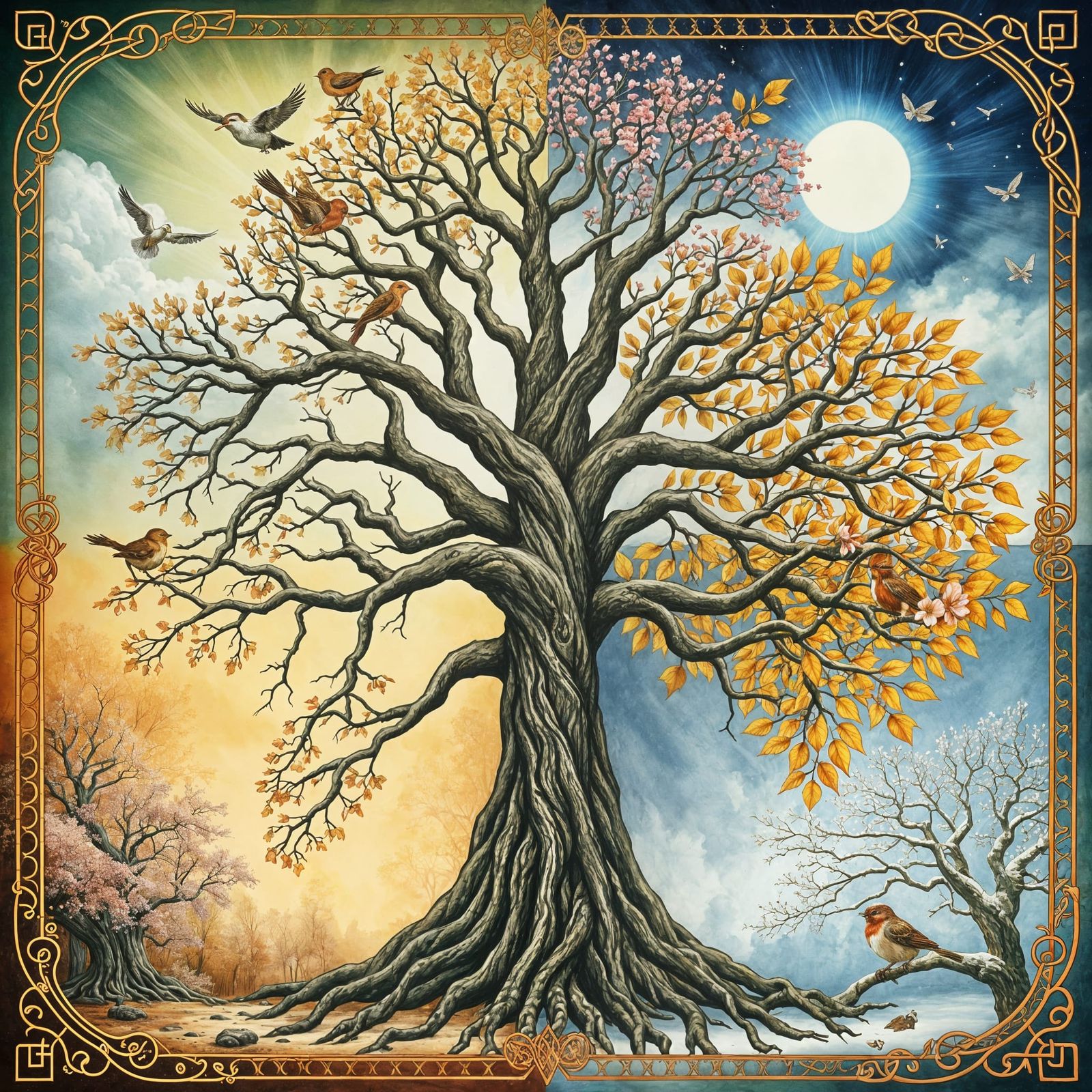 Yggdrasil and The Four Seasons, Fine Art Illustration