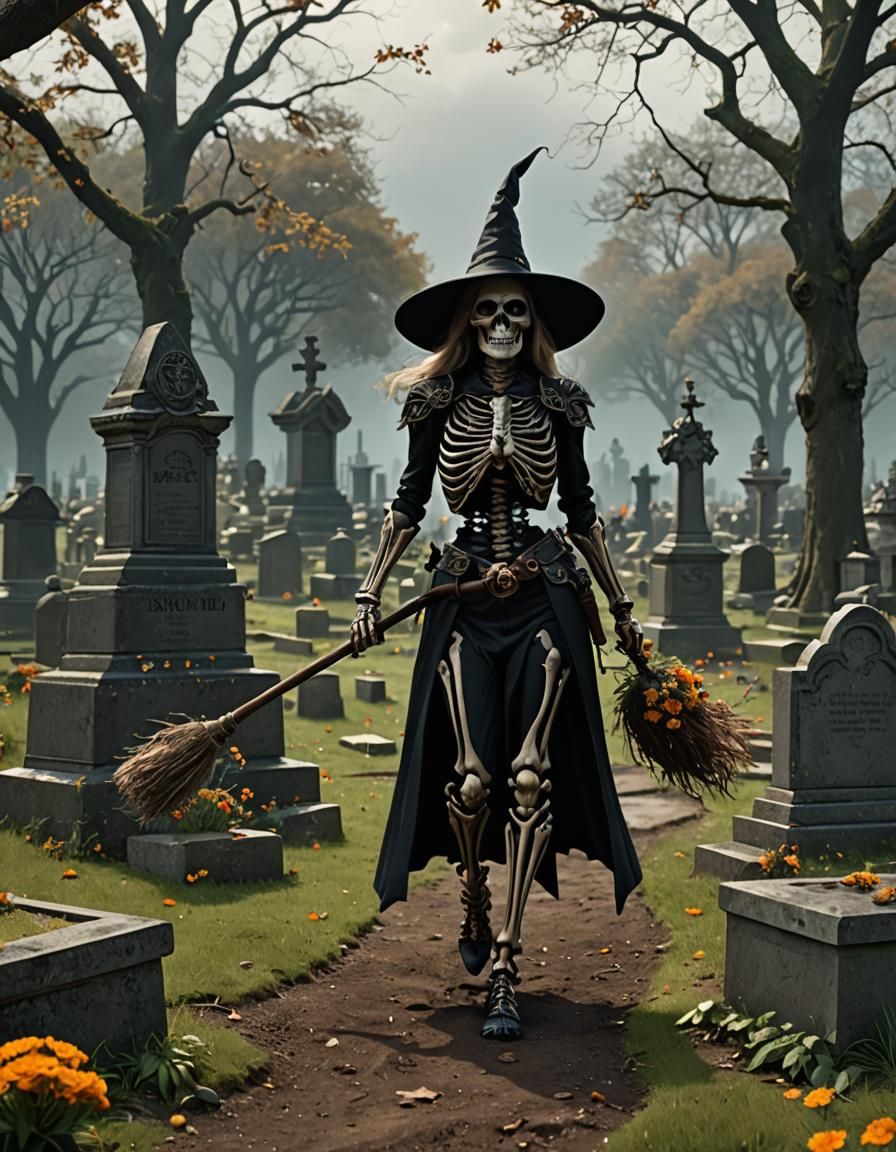 Witch Skeleton in Cemetery: Detailed Fantasy Art