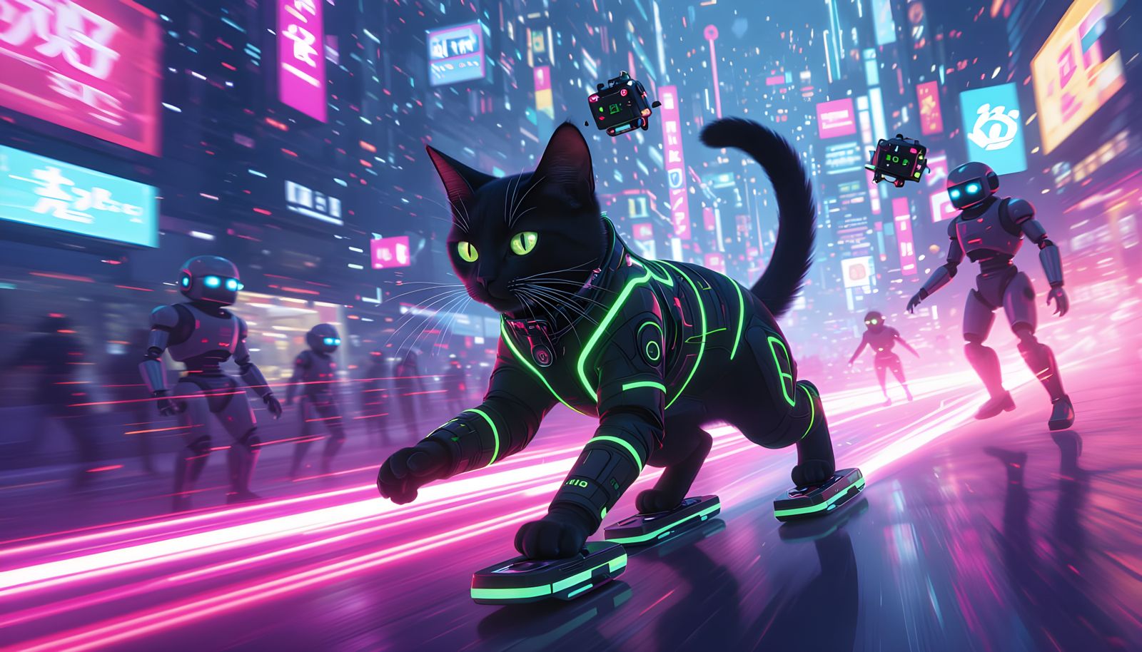 Jester Cat Skates a Cyberpunk City