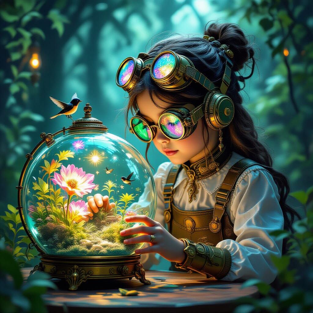 Steampunk Girl Tends Glowing Terrarium Ecosystem