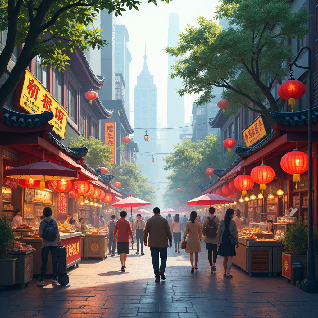 Bustling Shanghai Street Scene in Matte Painting Style