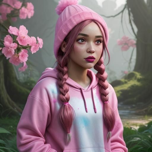 Hyperrealistic Woman with Pink Braids and Flowers