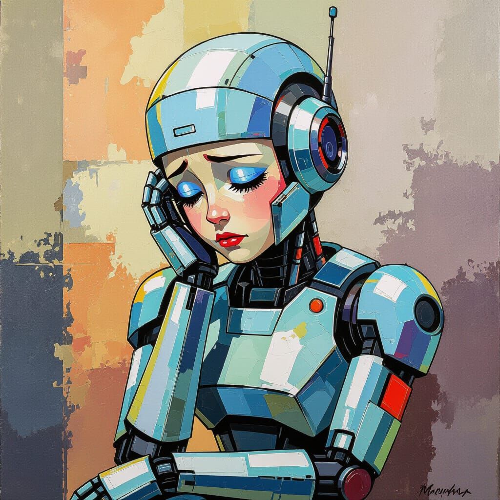 Sad Robot Girl in Gouache Watercolor Style