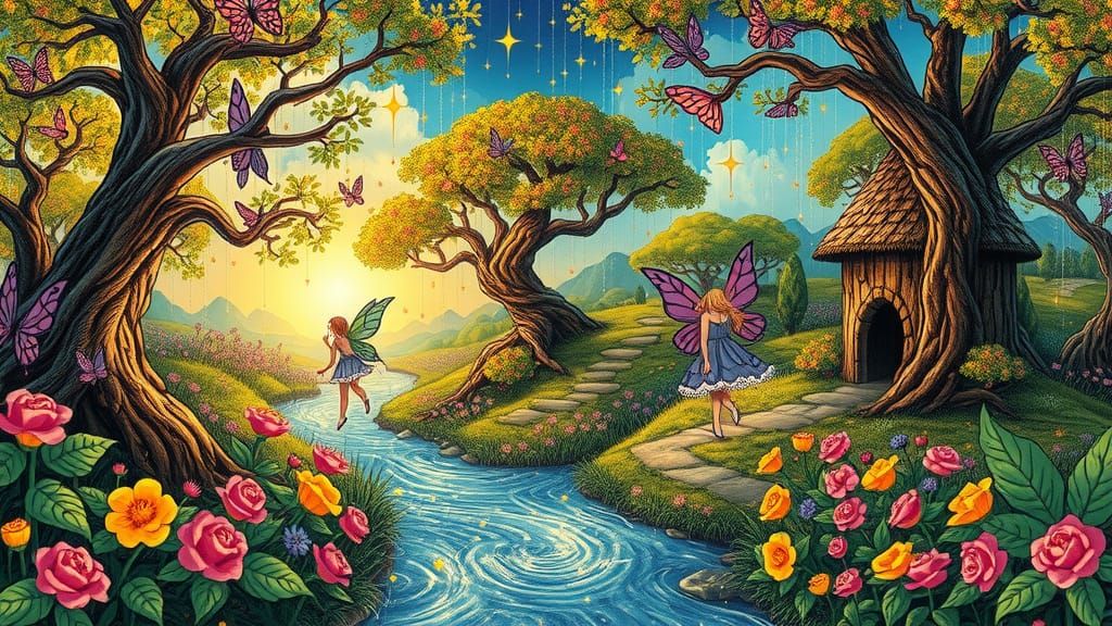 Enchanted Fairy Wonderland in Rococo Line Art