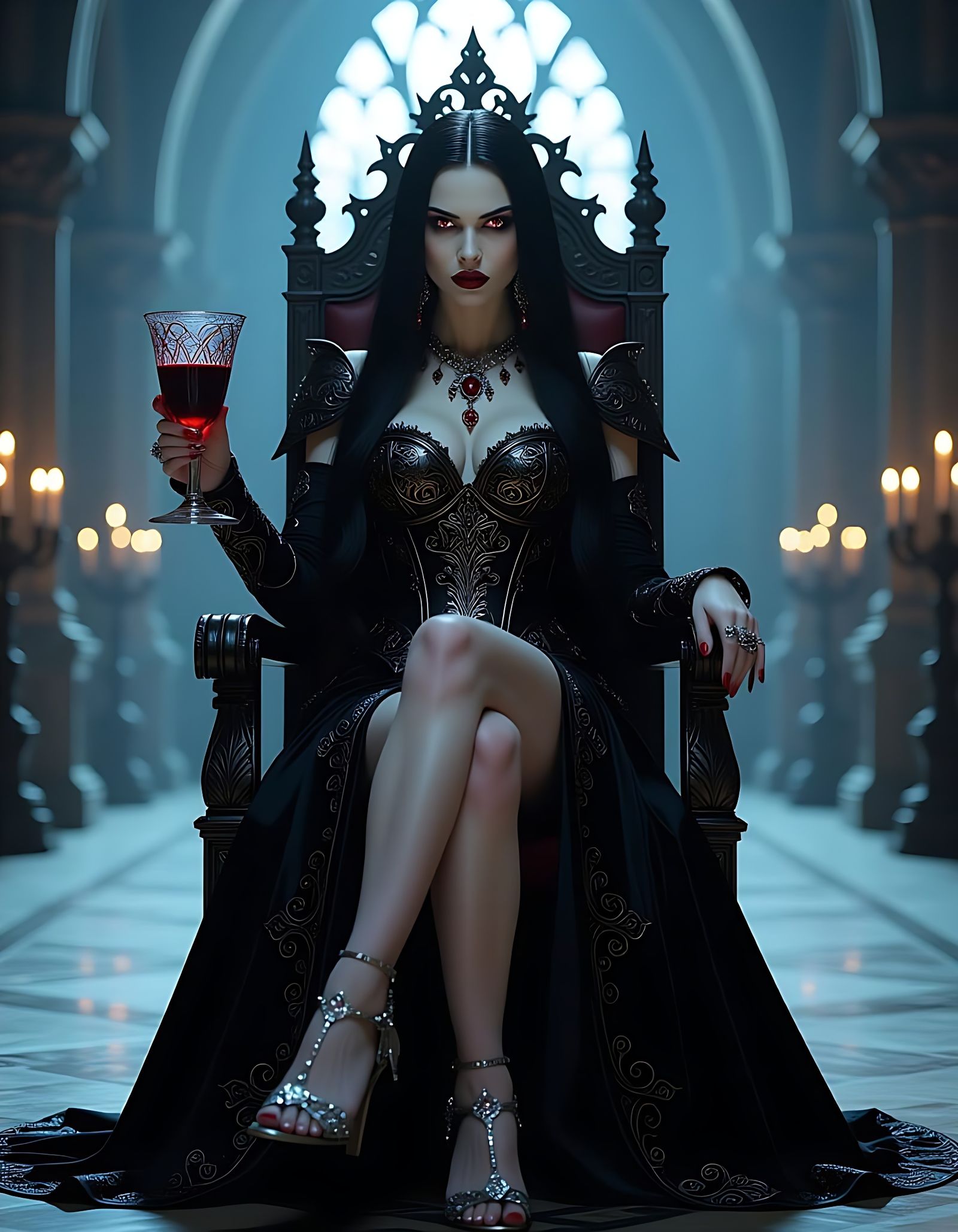 Female Vampire Seated on Gothic Throne with Blood Goblet