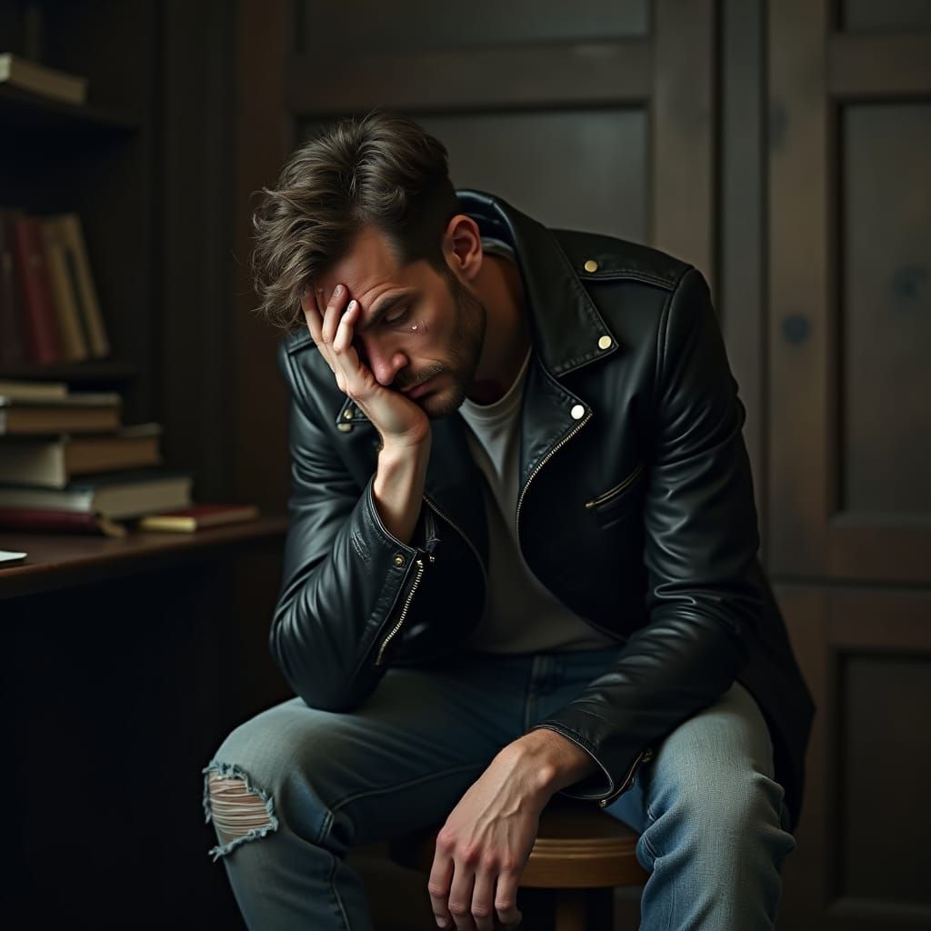 Contrite Man Reflects in Dimly Lit Study
