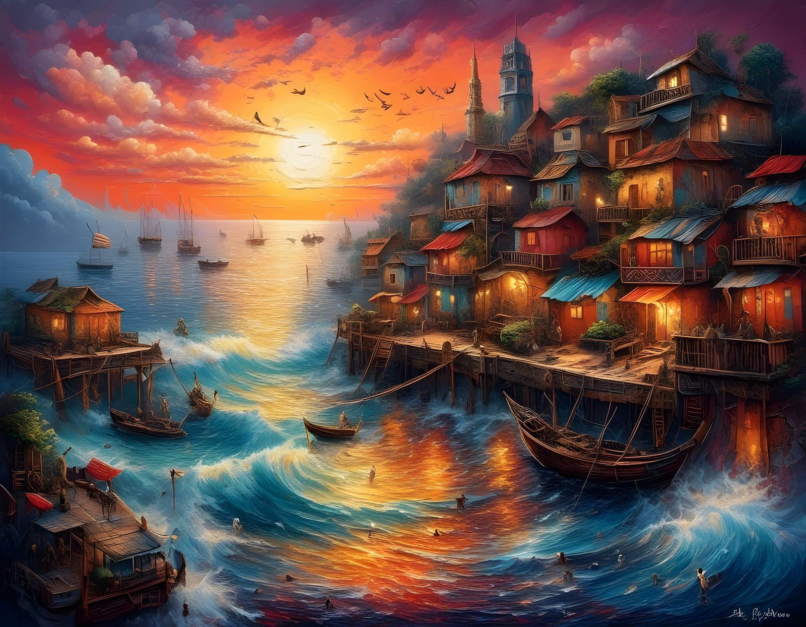 Impressionist Sunset Ocean Village Painting