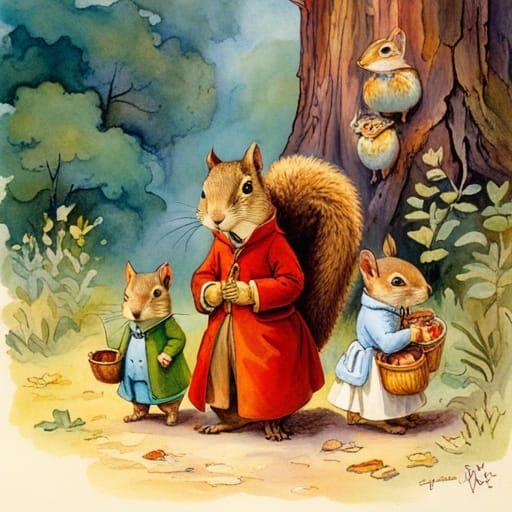 Squirrel Family Hike in Storybook Illustration Style