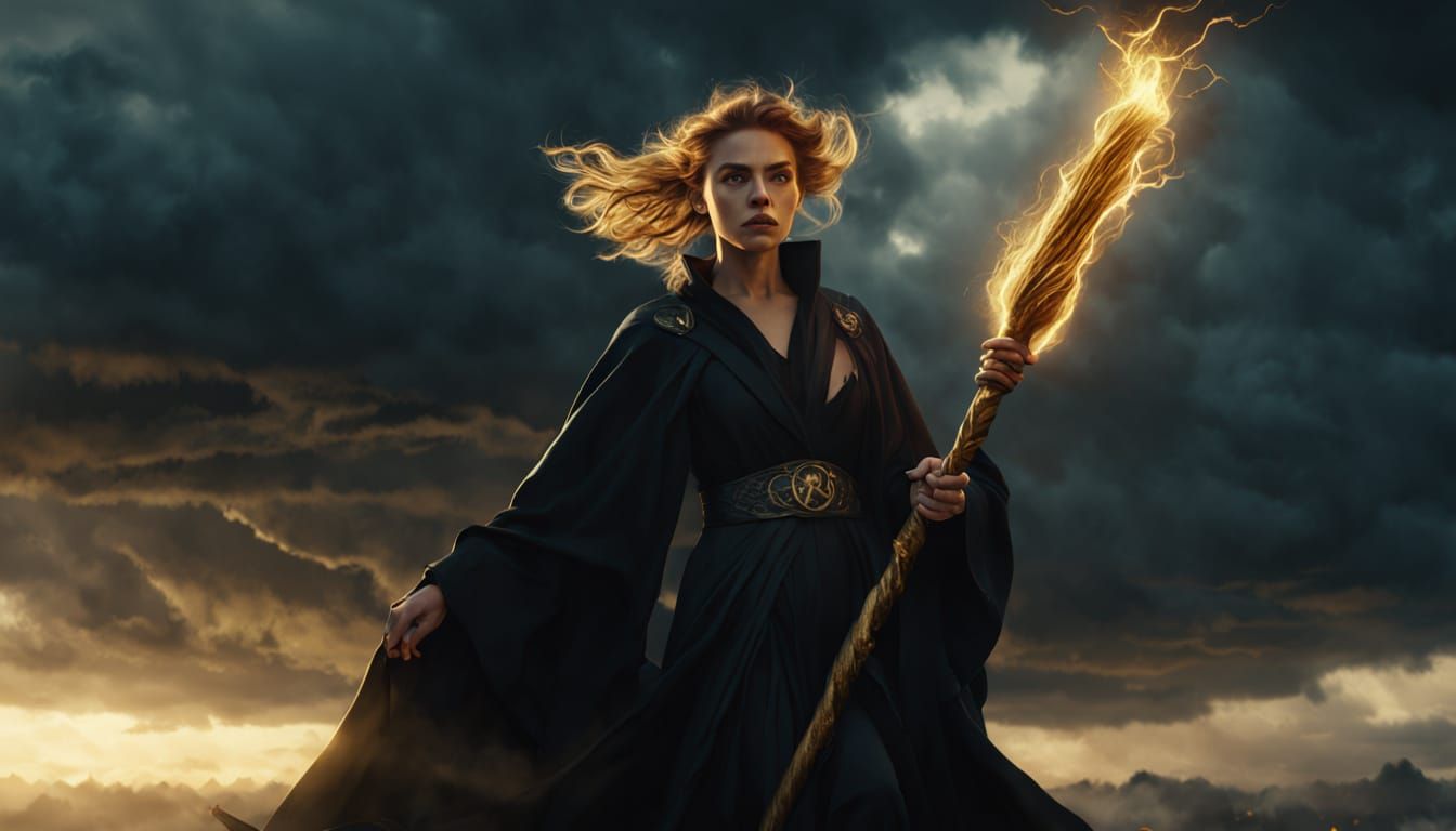 Sky Witch on Broomstick in Stormy Sky
