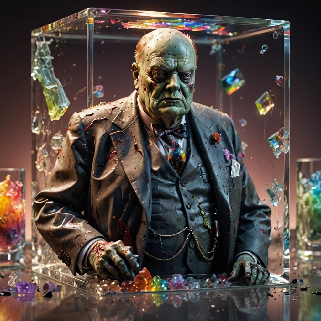 Zombie Churchill in Crystal Cube: Hyperrealistic 3D Renderin...