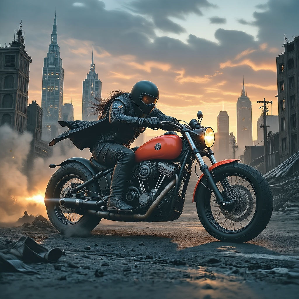 Steampunk Motorcycle Rider in Post-Apocalyptic Cityscape
