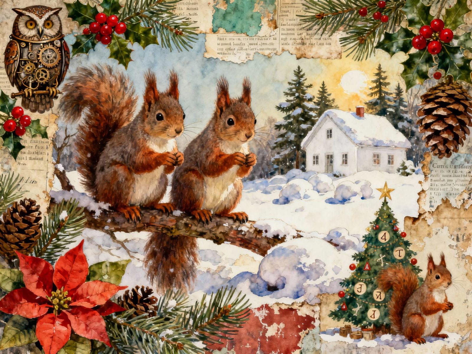 Christmas Squirrels and Steampunk Owl in Watercolor Collage
