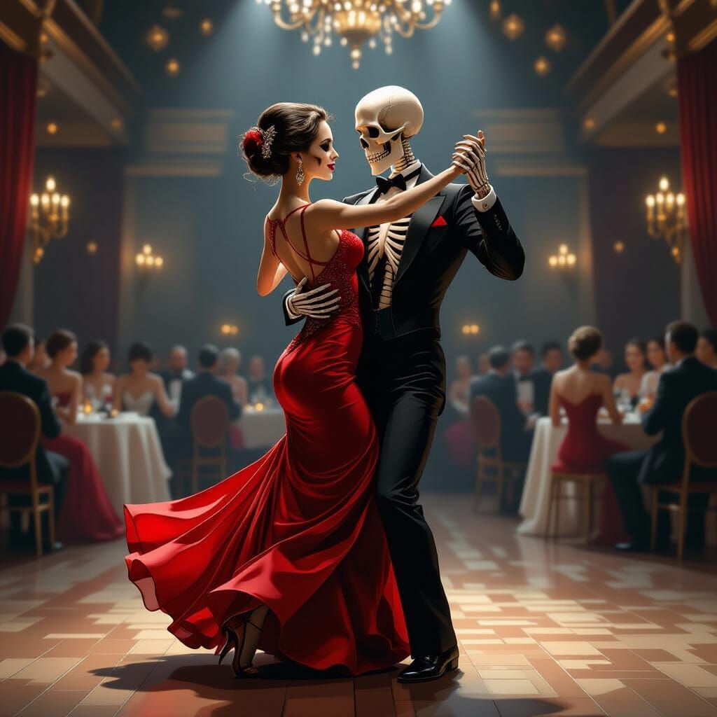 Skeletons Tango in Dim Ballroom, Digital Art