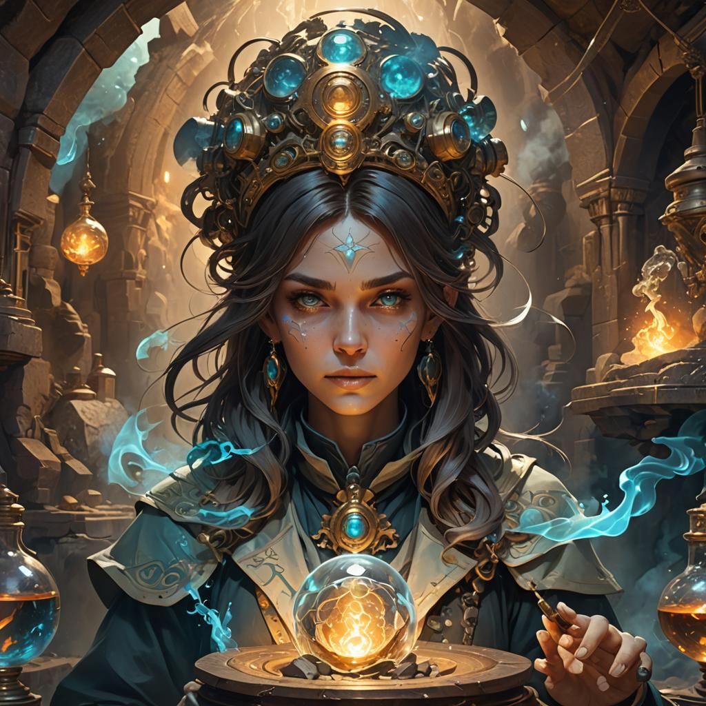 Female Alchemist in Secret Cave, Art Nouveau Portrait