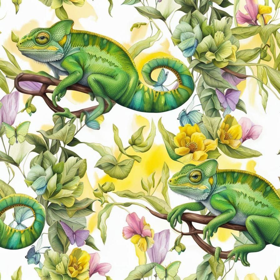 Chameleon and Butterflies Seamless Pattern in Watercolor Sty...