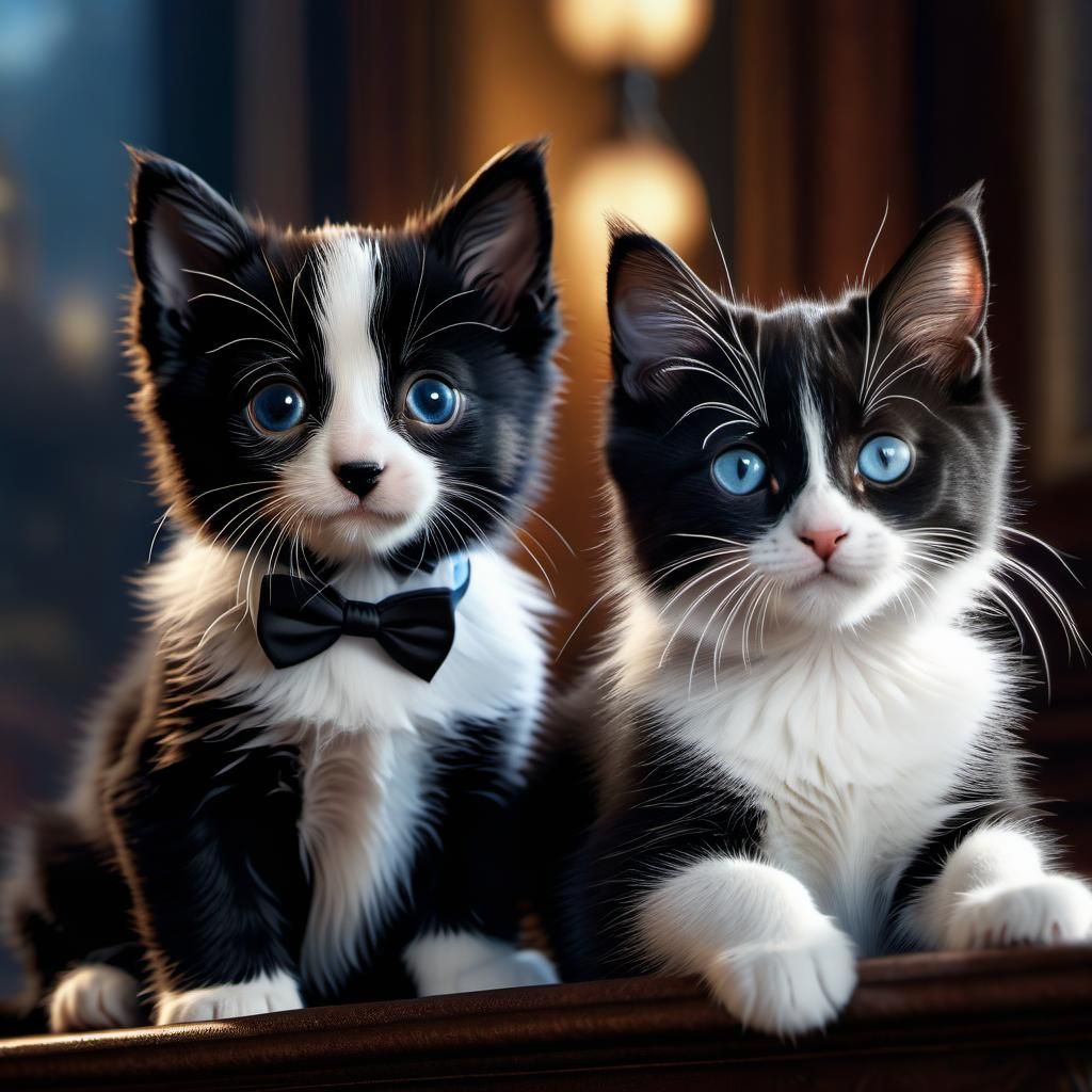 Tuxedo Kitten and Puppy: Detailed Digital Painting