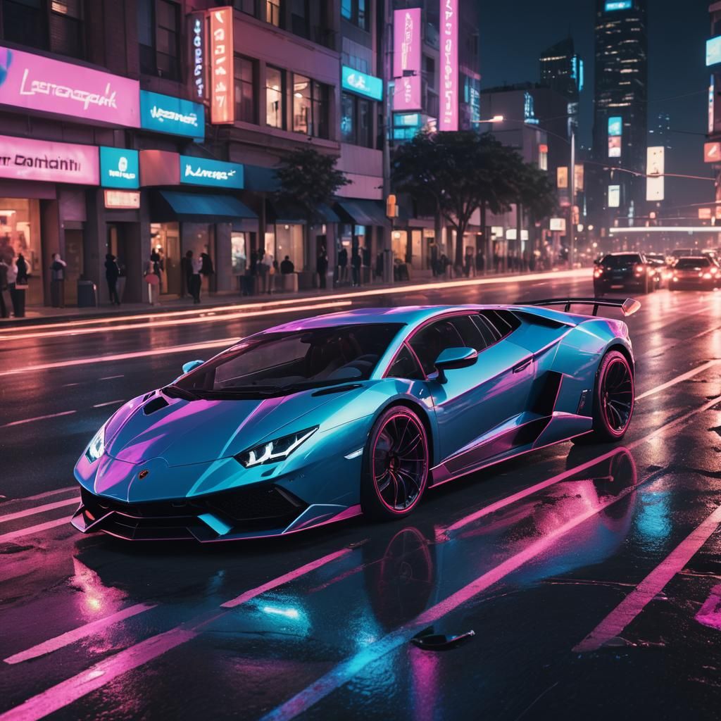 Describe a Lamborghini with a  fluorescent blue paint that glows intensely