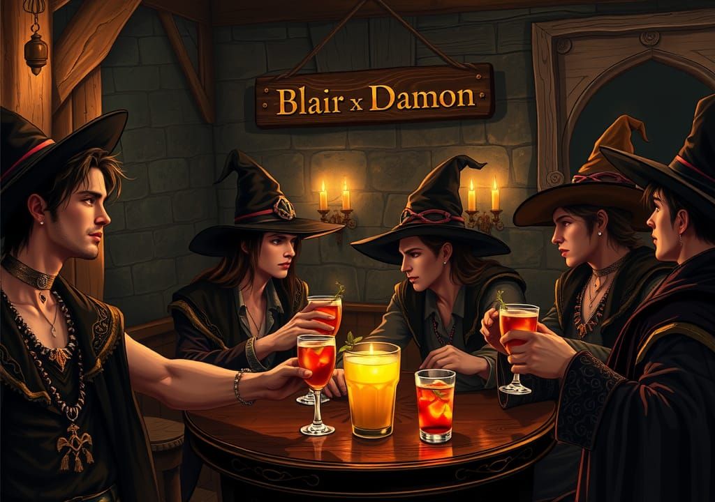 Medieval Tavern Scene with Handsome Male Witches