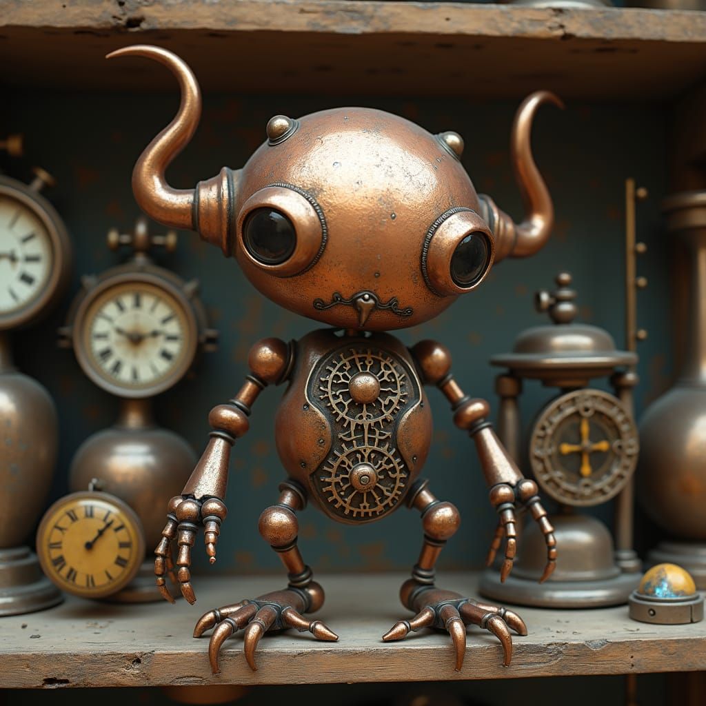 Copper Wind-Up Golem in Antique Shop, Fantasy Art