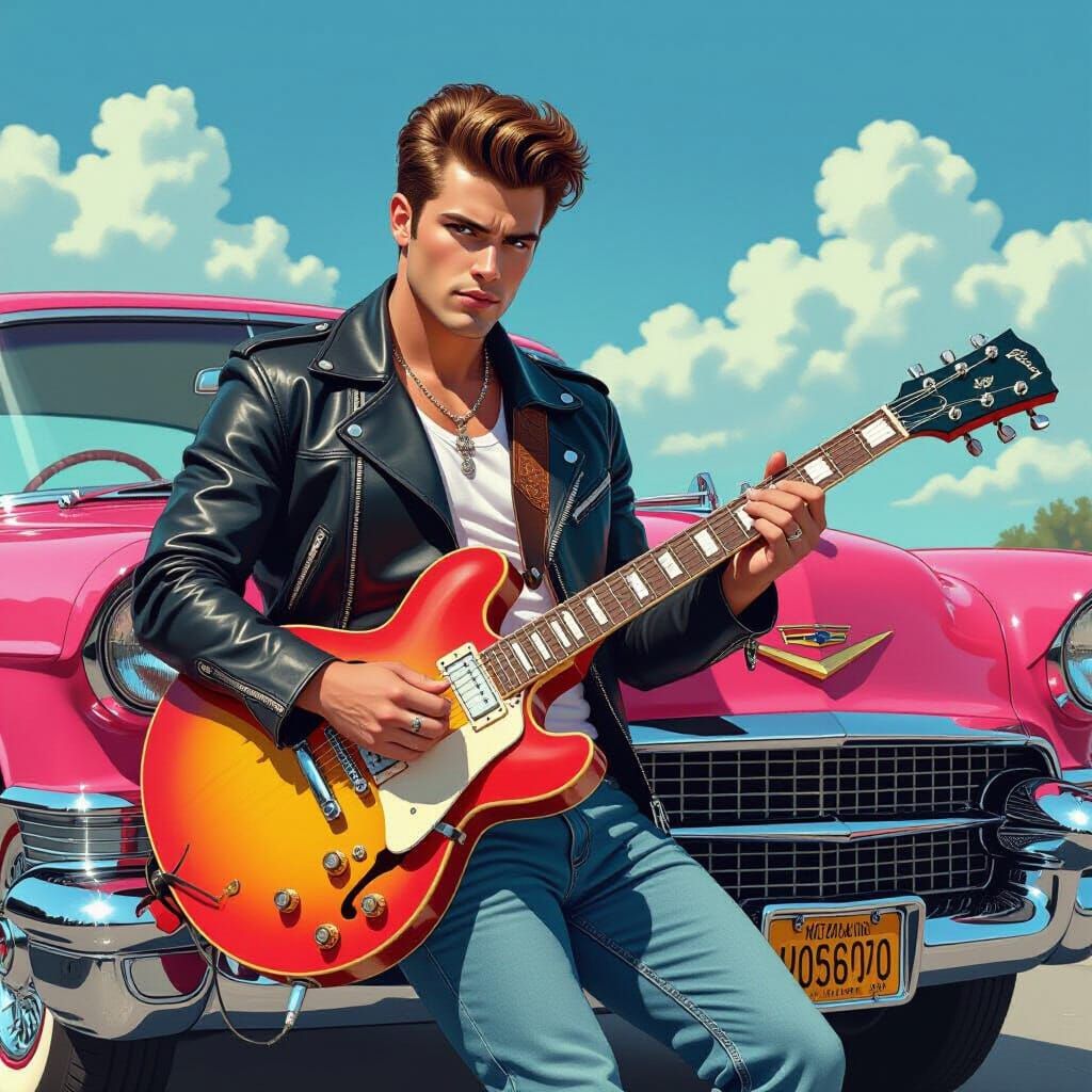 Defiant Young Man with Pink Cadillac in Nostalgic Style