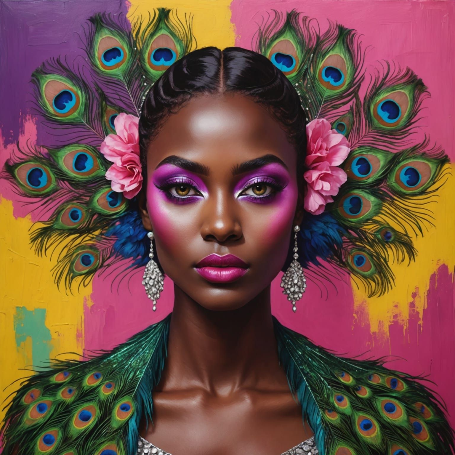 Abstract Woman with Peacock Feathers and Silver Eyes