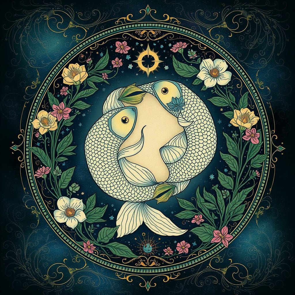 Pisces Zodiac in Whimsical Botanical Dreamscape