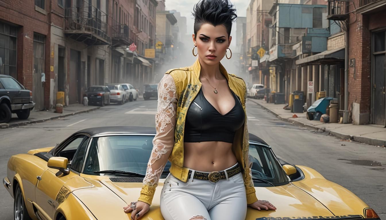 Mohawk Woman Leaning on Car in Ethereal Style
