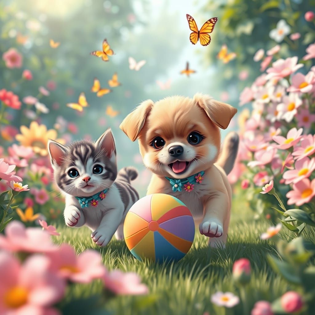 Puppy and Kitten Play in Anime Garden