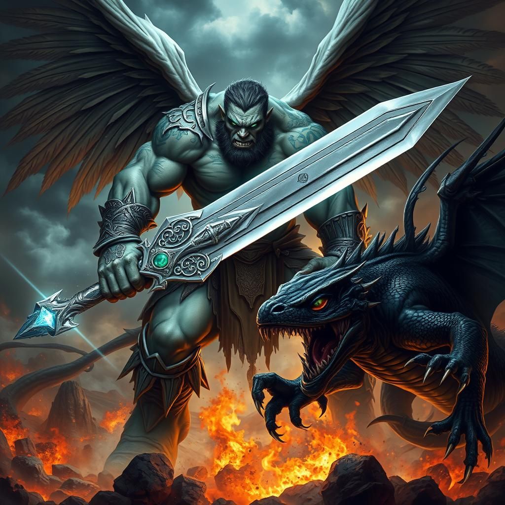 Ogre Angel Battles Lizard Demon in Apocalyptic Landscape