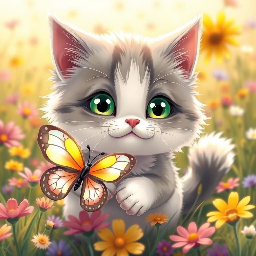 Whimsical Cartoon Cat Pounces on Iridescent Butterfly