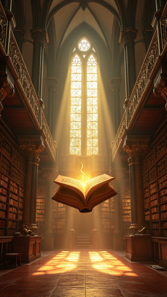 Mystical Library with Floating Book, Dreamlike Art
