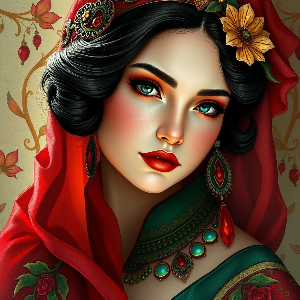 Ethereal Art Nouveau Goddess in Vibrant Red and Green Attire