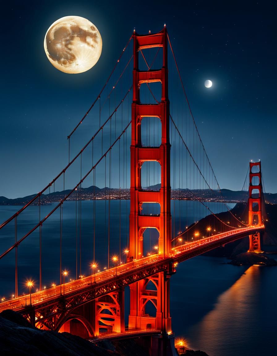 Golden Gate Bridge and Moon in Matte Painting Style