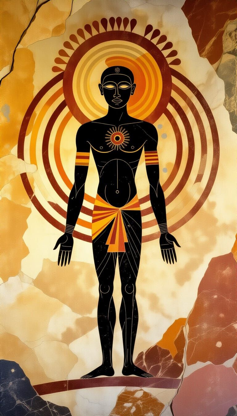 Ancient Cave Painting of Ethereal Figure and Cosmic Map