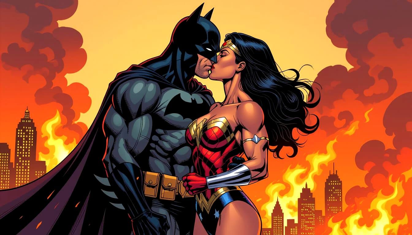 Batman and Wonder Woman Embrace Amidst Burning City