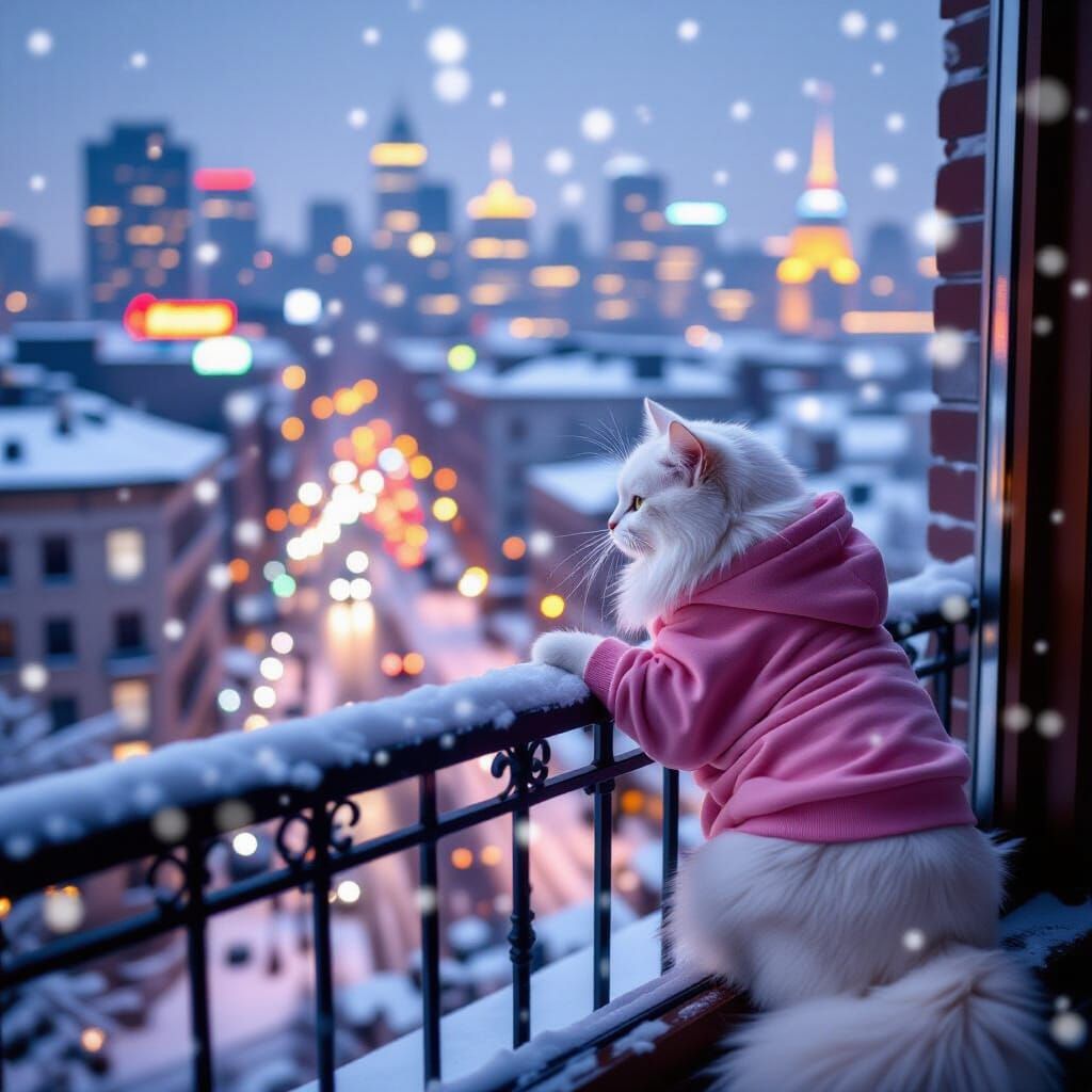 Winter City Panorama with Cat in Pink Sweatshirt