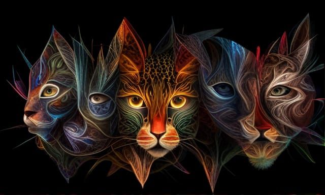 Abstract Cats and Ritualistic Masks in Digital Art