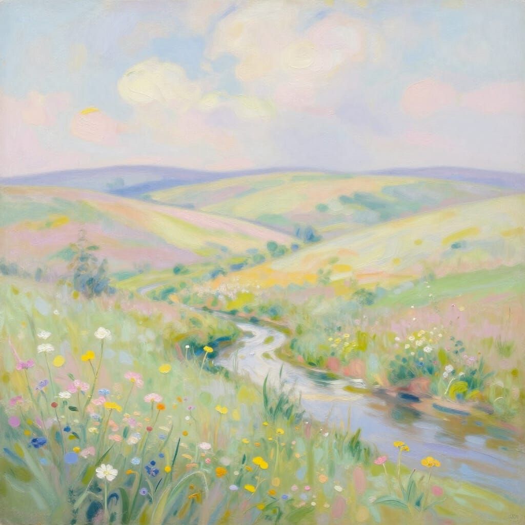Dreamy Pastel Landscape with Rolling Hills and Stream