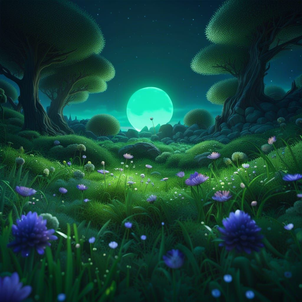 Moonlit Flower Meadow: A Fantasy Concept Art Masterpiece