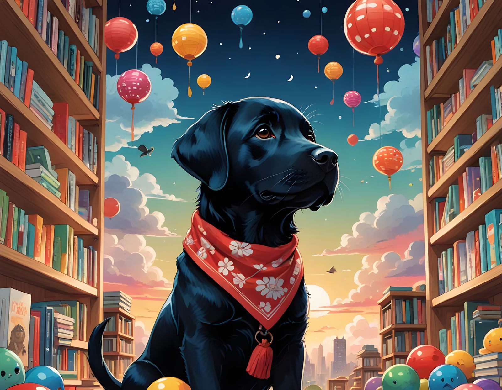 Anime-Style Black Labrador Puppy in a Whimsical World of Boo...