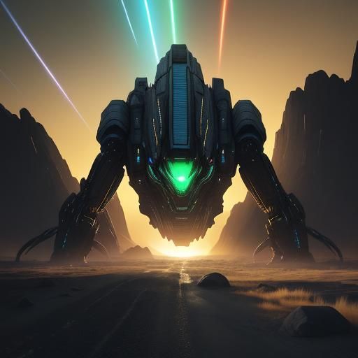 Neon Lit Spaceship Rushes Across Alien Landscape